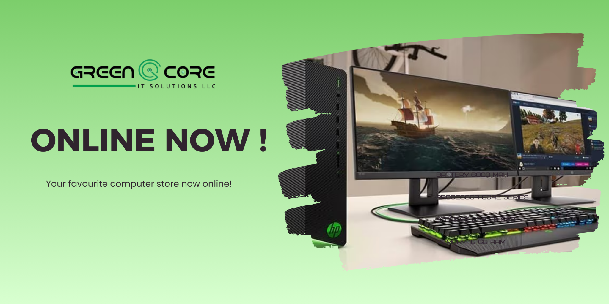 Advertisement for Green Core IT Solutions with a computer setup on a green background